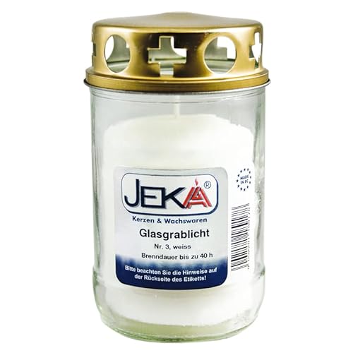 Glasgrablicht mit Deckel in weiß | Glasgrabkerze wiederbefüllbar mit Grabkerzen ohne Hülle | Glaslaterne |Grableuchte (Größe: 7x12,5 cm, Brenndauer: bis zu 45 Stunden, 5) von Kerzen & Licht JEKA