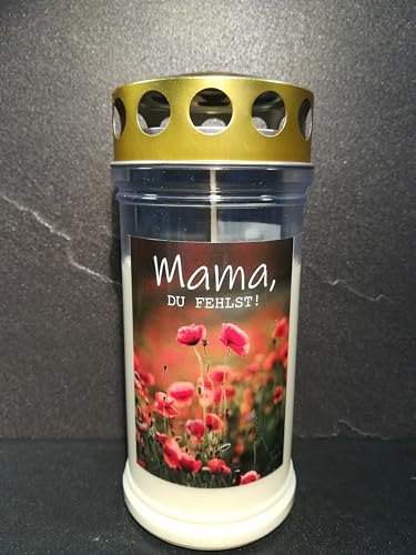 JEKA Gedenkkerze, Grabkerze Motiv: Mama - du fehlst, Brenndauer 4 Tage, 170x75mm, Wind- & Wetterfest, 100% Pflanzenöl, Golddeckel, Grablicht (4) von Kerzen & Licht JEKA