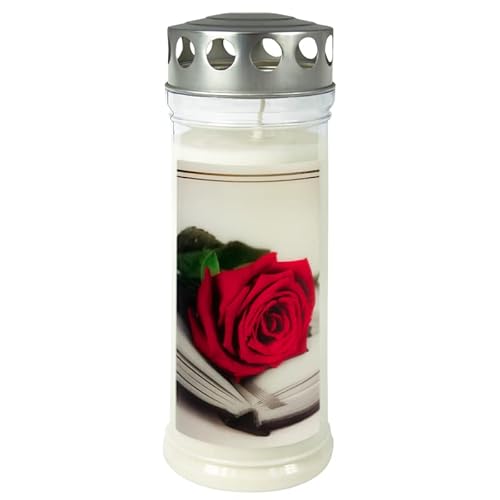 Wochenbrenner mit Motiv: Rose/Buch- Motiv Grabkerze mit Deckel - Gedenkkerze - Grablicht mit langer Brenndauer von bis zu 7 Tagen (Größe: 75 x 210 mm, Brenndauer: bis zu 7 Tagen, 1) von Kerzen & Licht JEKA