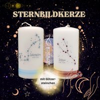 Kerze Mit Sternbild Als Geschenk/Mitbringsel, 12x6cm, Glitzersteinchen Und Band von KerzenDietrich