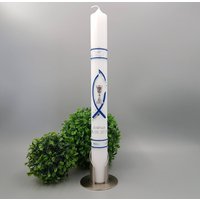 Kommunionkerze Paulus 40 X 4 Jungen Oder Mädchen Fisch, Kelch Und 2 Banderolen Blau von KerzenExpress