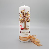 Taufkerze Franz Herbst Lebensbaum Für Junge/Mädchen Mit Kleinem Fuchs /Mit Namen Und Datum von KerzenExpress