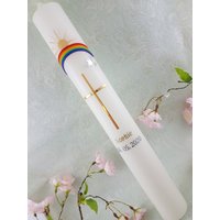Kommunionkerze Taufkerze Lang Regenbogen Kreuz Taube Rosa Gold 400/40 Mm Original Design Kkr5508 von KerzenOase