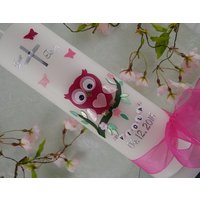 Taufkerze Eule Pink - Taufkerzen Für Mädchen Modern Mit Name Und Datum Tiere Personalisiert von KerzenOase