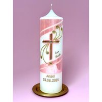 Taufkerze Kommunionkerze Kreuz Rosa Irisirend Gold 250/70 Mm Original Design Tkr37 von KerzenOase