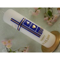 Taufkerzen - Taufkerze Kreuz Junge Blau Gold Edel Schlicht von KerzenOase