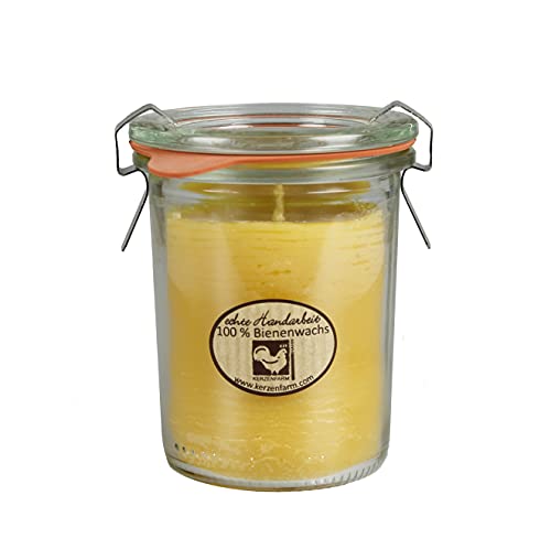 Kerzenfarm Hahn Bienenwachskerze im Original Weckglas, 160 ml, Kerze aus reinem Bienenwachs, Naturprodukt, echte Handarbeit, 84 mm x Ø 70 mm von Kerzenfarm Hahn