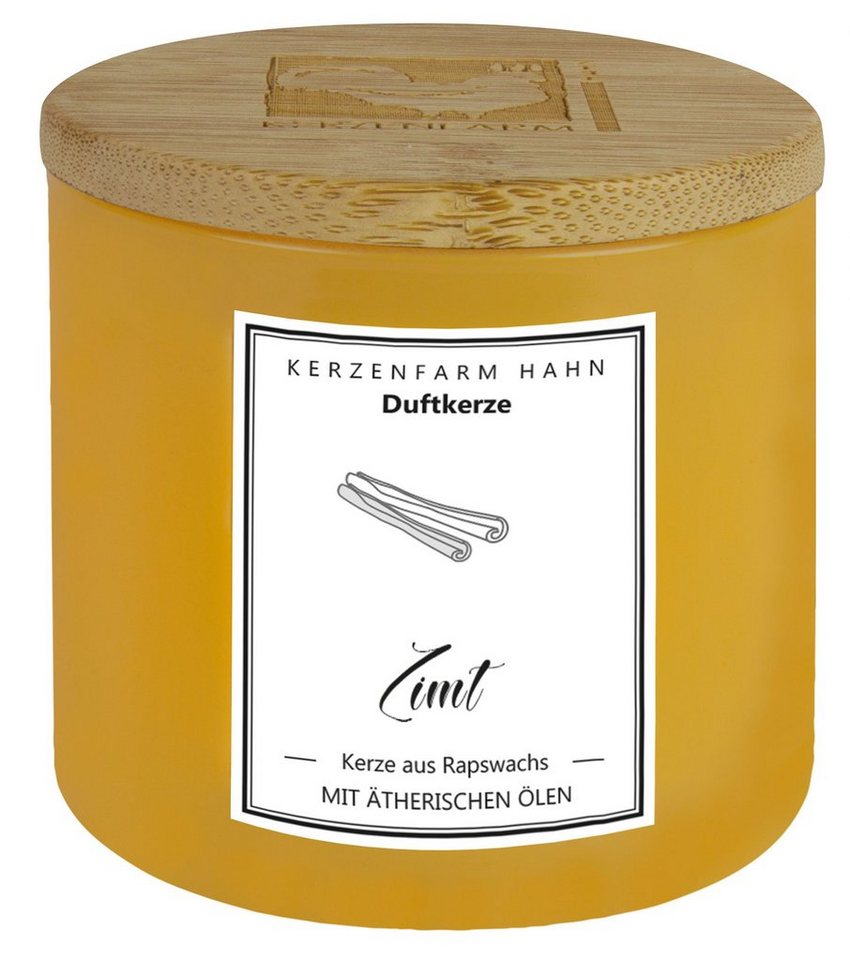 Kerzenfarm Hahn Tafelkerze duftkerze im trendglas gelb zimt mit Holzdeckel von Kerzenfarm Hahn