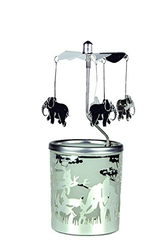 Kerzenfarm Rotierender Teelichthalter mit Elefanten, Metall und Glas, silberfarben, 16,5 cm hoch von Kerzenfarm