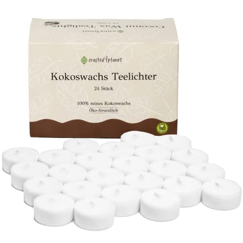 Kerzenmanufaktur x Crafted 4 Planet Reine Kokoswachs Teelichter (24 Stück) - Nachhaltige Weiße Öko Teelichter Ohne Hülle von Kerzenmanufaktur