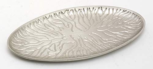 Kerzenteller, Dekoteller in ovaler Form Messing vernickelt Silber im Baum-Design 18 x 9 cm für Ovalkerzen, Ellipsenkerzen von Kerzenteller