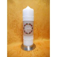 Taufkerze - Kommunionkerze Vintage Mit Blumenkranz Rosa 00112 von KerzenundGeschenke