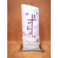 Taufkerze Mädchen Fuchsia Blumenranke Taube Perlenkette 115 von KerzenundGeschenke