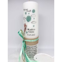 Taufkerze Flieg Kleiner Fuchs Im Vintage Stil Mit Juteband Und Schleife Seitlich in Mint Hell & Dunkel | Motiv 114 von KerzenwachsTante