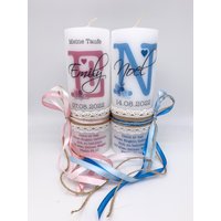 Taufkerze Kommunionkerze Anfangsbuchstabe in Rustikal Vintage Weiß + Spitzenband | Motiv 315 von KerzenwachsTante