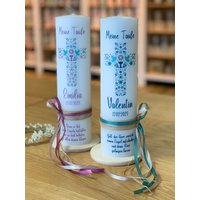 Taufkerze Kommunionkerze Blumenkreuz Mit Taube, Kreuz Und Kelch - Vintage Stil Juteband Schleife Personalisierbar von KerzenwachsTante