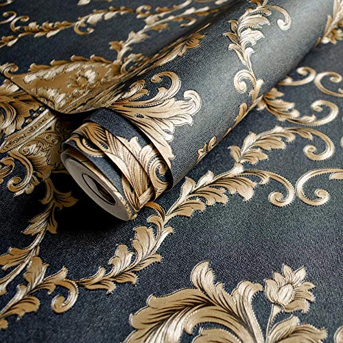 Luxuriöse geprägte Tapete, goldfarben/schwarz, waschbar, PVC, 3D-Damast, Wandtapete, Wohnzimmer, Schlafzimmer, 1 Rolle (950 x 53 cm) von Kesheng