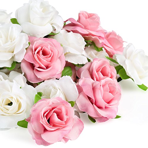 Kesote 50 Stück Künstliche Blumenköpfe Blütenköpfe Kunst Blumen Rosen Köpfe für Hochzeit Party Deko DIY (Ø 4cm, Weiß und Rosa) von Kesote