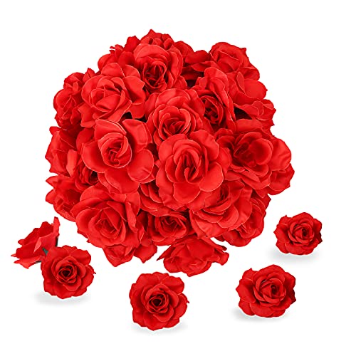 Kesote 50 pcs Künstliche Blumenköpfe Blütenköpfe Kunst Blumen Rosen Köpfe für Hochzeit Party Deko DIY (Ø 6cm, Rot) von Kesote