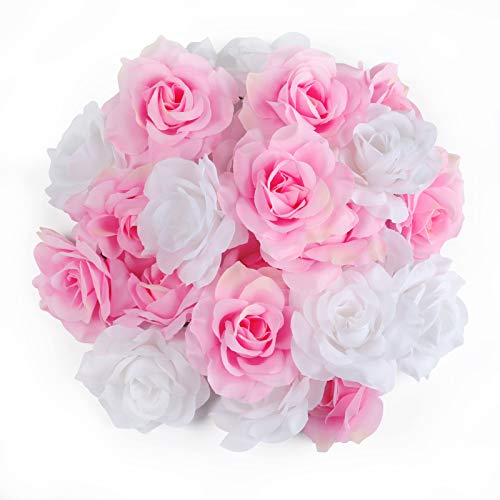 Kesote 50 pcs Künstliche Blumenköpfe Blütenköpfe Kunst Blumen Rosen Köpfe für Hochzeit Party Deko DIY (Ø 6cm, Weiß und Rosa) von Kesote