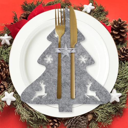 Kesote Besteckhalter Tischdeko Weihnachten Deko 12 Bestecktasche Filz Besteckbeutel Tisch Weihnachtsdeko Weihnachtsbaum Grau Messer Löffel Gabeln Geschirr Besteck Taschen Party Esstisch von Kesote