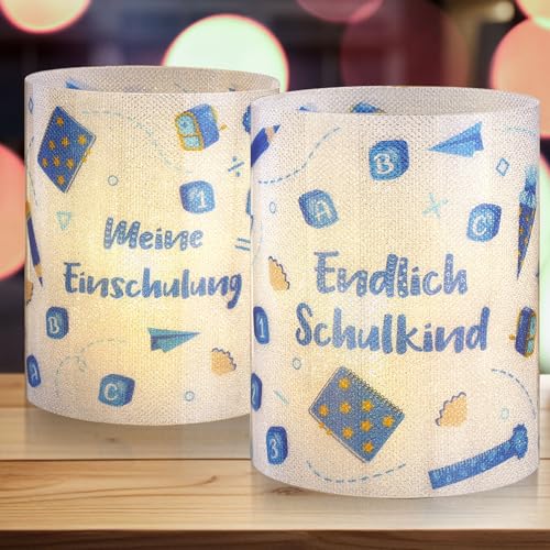 Kesote Einschulung Deko 8 Windlicht Deko Mädchen Schulanfang Junge Endlich Schulkind Meine Einschulung Tischdeko Blau Windlichter für Teelichter Kerzen von Kesote