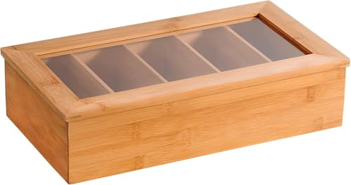 Kesper | Teebox aus Bambus | 5 Fächer | Material: Bambus | Maße: 36 x 20 x 9 cm | Teekiste mit Sichtfenster | ideal für Teebeutel, Kaffeepads & als Teekasten von Kesper
