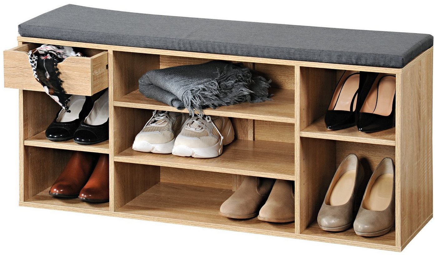 Kesper Schuhbank Schuhschrank mit Sitzkissen und Schublade Sonoma Eiche (1 Stück), Bietet Platz für bis zu 10 Paar Schuhe von Kesper