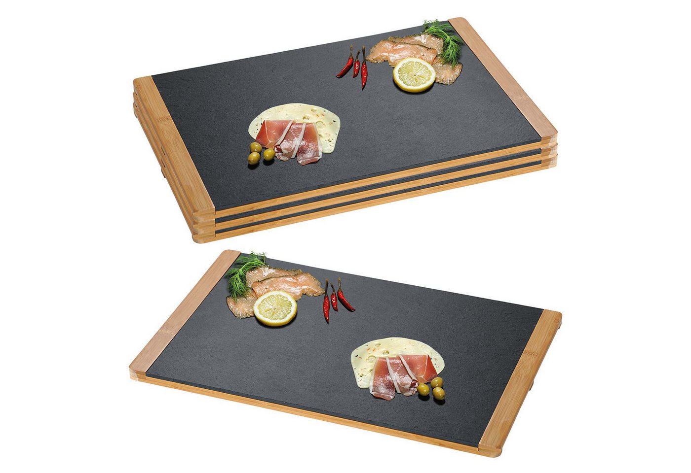 Kesper Servierbrett 4 Buffetplatten, Schiefer mit Bambusrahmen - 45 x 30cm, Schiefer, (4-St), Schieferplatte herausnehmbar von Kesper