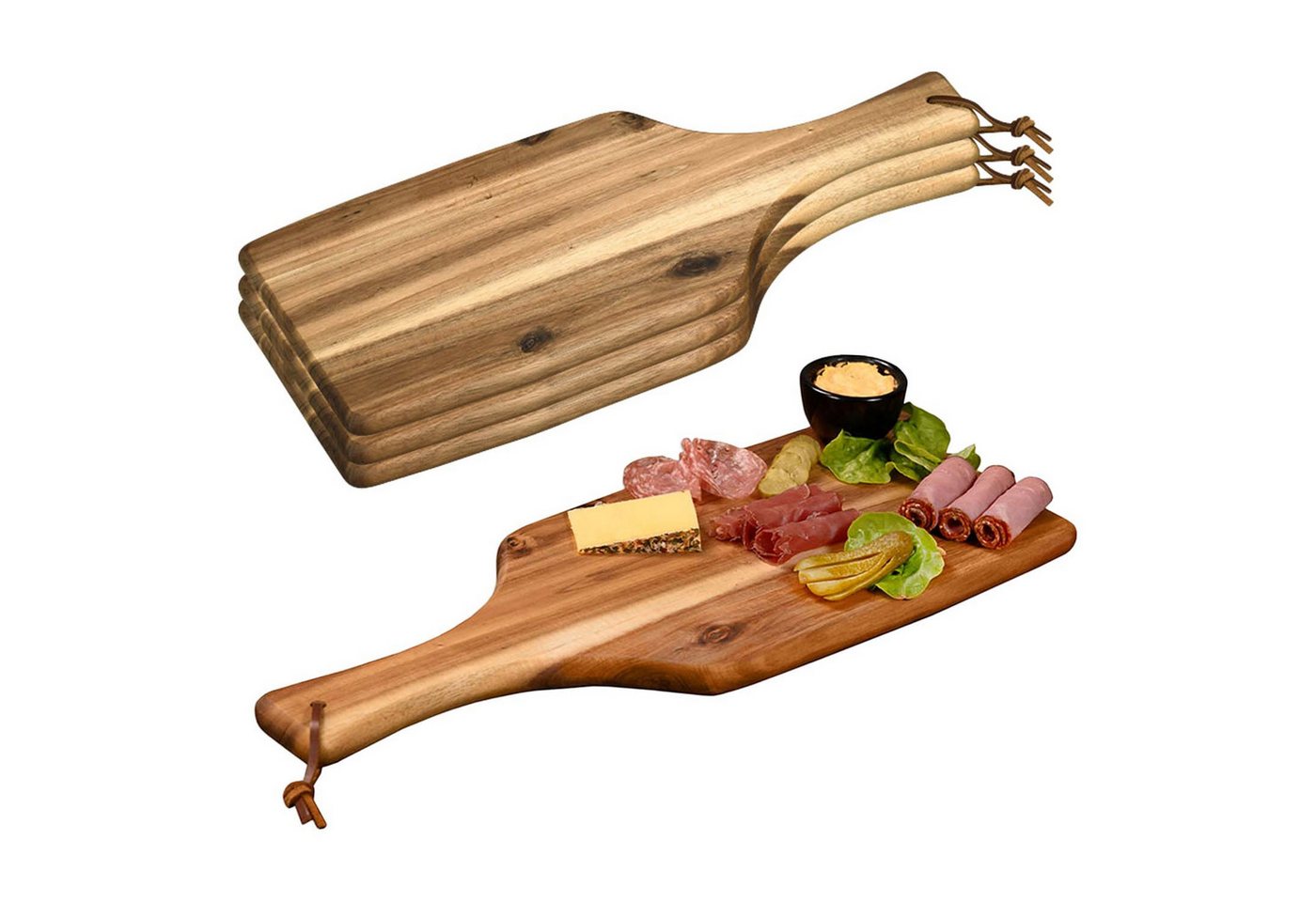 Kesper Servierbrett 4 Stück Servierbrett mit Tragegriff - Akazienholz - 42 x 17cm, Holz, (4-St), mit Tragegriff, mit Lederband von Kesper