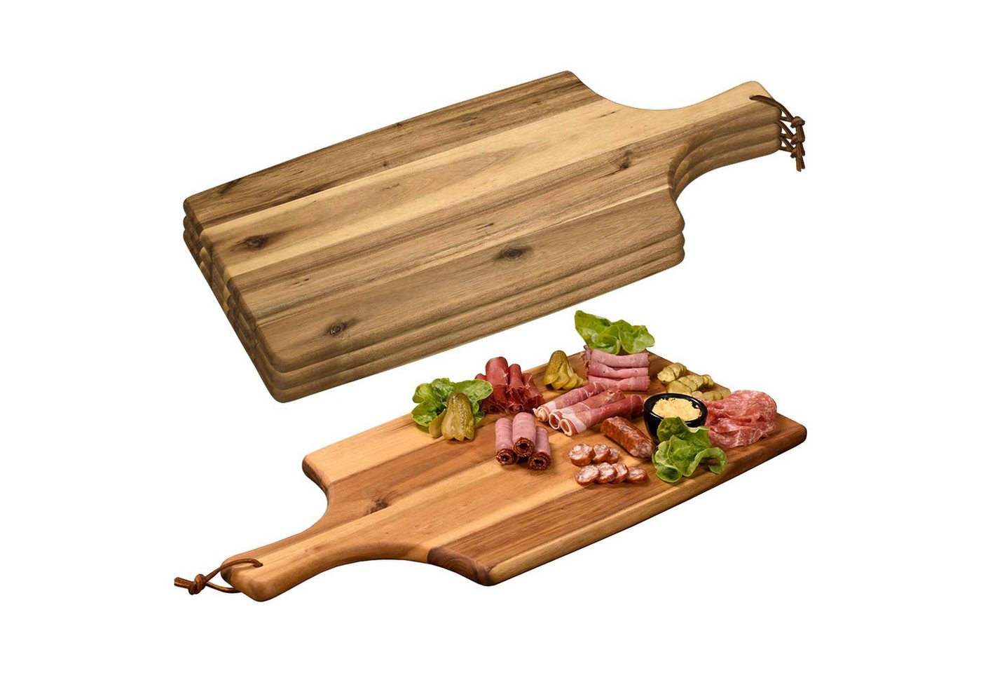 Kesper Servierbrett 4 Stück Servierbrett mit Tragegriff - Akazienholz - 55 x 25cm, Holz, (4-St), mit Tragegriff, mit Lederband von Kesper