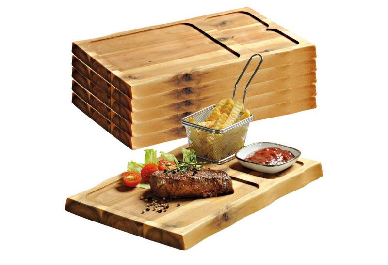 Kesper Servierbrett 6 Servierbretter mit Vertiefung, 3er Einteilung - Akazienholz, Holz, (6-St), mit eingefrästen Vertiefungen von Kesper