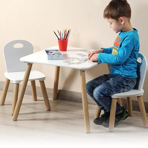 MDF Kindertisch SET mit 2 Stühlen | FSC genehmigte Sitzgruppe | Holztisch, inklusive 2x Hochstuhl | Maße: Tisch 55 x 45 x 55 cm. | Maße: Stuhl 27 x 53 x 27 cm. | 3 - teiliges SET | Farbe: WEISS von Kesper