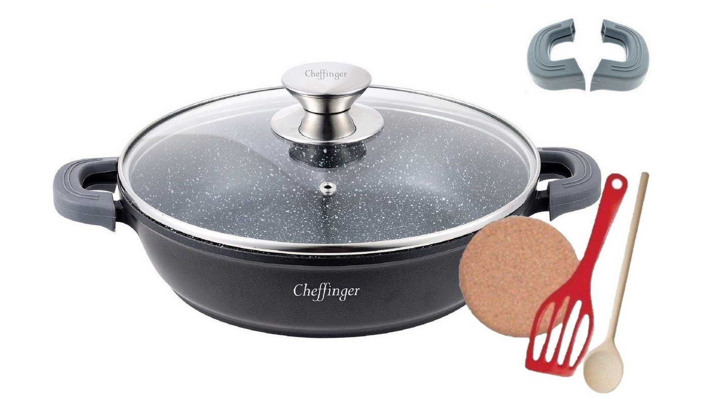 KESSMANN Topf-Set Kochtopf + Deckel + abnehmbare Griffe 7-tlg Induktion Schmorpfanne, Aluminiumguss (Set, 7-tlg., Inkl. 2 Silikon Griffe 1 Pfannenwender 1 Kork-Untersetzer 1 Holzlöffel), Topfset Induktionsherd Kasserolle Fleischtopf Brattopf Bräter Topf von KESSMANN