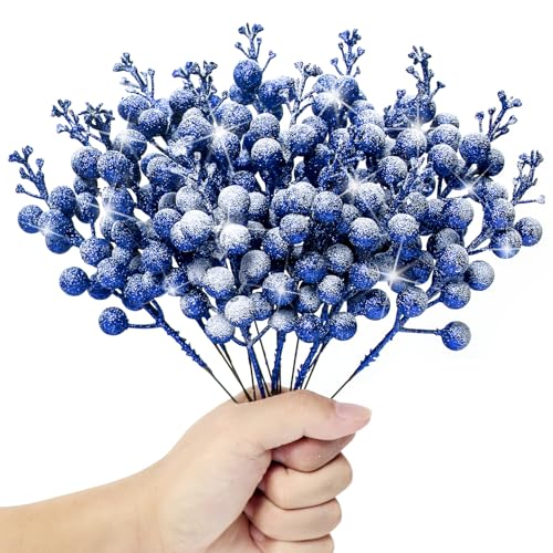 Kesywale 24 Stück künstliche Glitzerbeeren-Stiele, 22,9 cm Weihnachtsblumen-Stiel, Beerenzweige, Stechpalmenbeeren, Zweige für Weihnachtsbaumschmuck, Kranz, Handwerk, Urlaub und Heimdekoration (blau) von Kesywale