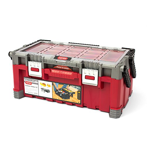 Keter 17187311 Werkzeugbox inkl. Sortimentskasten Master Pro Serie Cantilever Tool Box 22 Zoll, Kunststoff, rot/silber von Keter