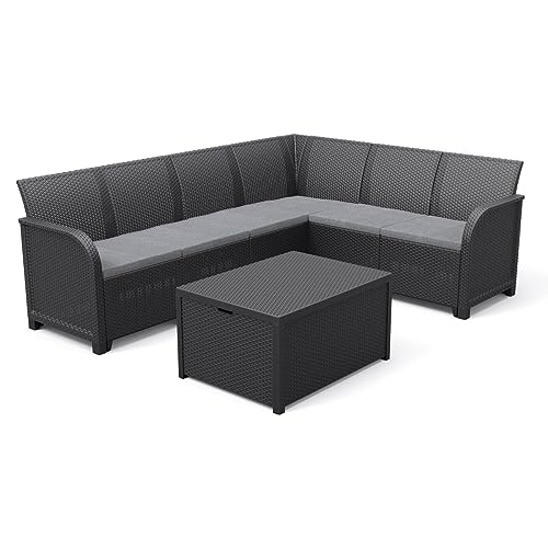 ALLIBERT von KETER - SanRemo Storage 6-Sitzer-Ecksofa in gewebter Rattanimitation mit Couchtisch und Kissenaufbewahrung - graphitgrau von Keter