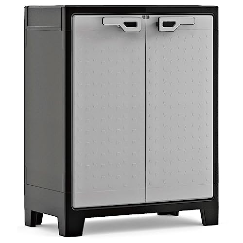 Keter Titan Kunststoffschrank, niedrig, grau, 80 x 44 x 100 cm, inkl. 2 Einlegeböden mit je 30kg Tragkraft (TÜV zertifiziert), für drinnen und draußen, wasserdicht, aus 70% recycelten Materialien von Keter