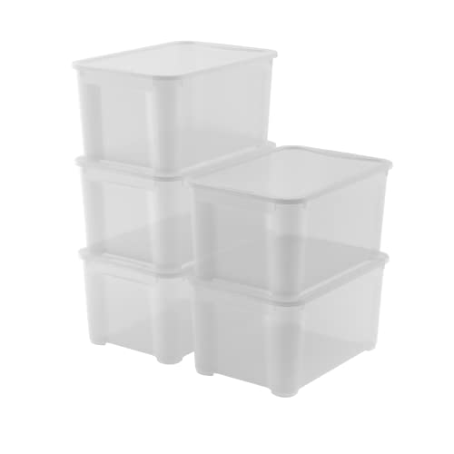 Keter 5er Set Aufbewahrungsboxen aus Kunststoff mit Deckel T Box L, transparent, ideal für Kleidung und als Aufbewahrungsbox, geeignet für Schränke und Garagen, 47 l, 55 x 39 x 28 cm von Keter