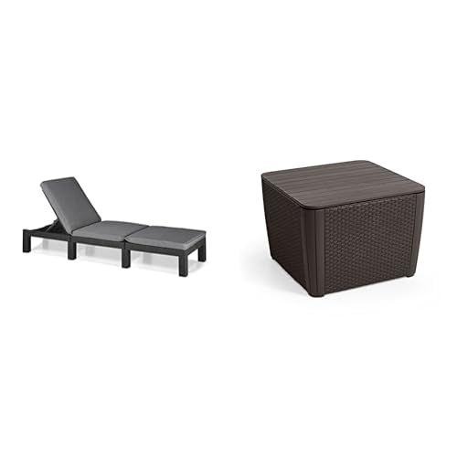 Keter Allibert by Daytona Deluxe Sonnenliege für Garten, Terrasse & Balkon mit verstellbarem Kopfteil, grau, 195x65x25,5 cm & Allibert by Gartentisch Luzon Plus Flat Wicker, Graphit, 247636 von Keter