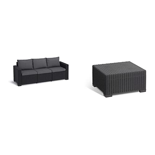 Keter Allibert by Gartenlounge Sofa California 3-Sitzer, Graphit/cool Grey, 199 x 68 x 72 cm & Allibert by California Gartentisch aus Kunststoff, Beistelltisch für Garten, 68 x 68 x 35 cm von Keter