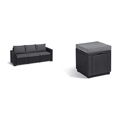 Keter Allibert by Gartenlounge Sofa California 3 Sitzer, Graphit/cool Grey,199 x 68 x 72 cm & Allibert by Cube Hocker mit Stauraum, grau, inkl. Kissen, Deckel abnehmbar, Flache Rattanoptik von Keter