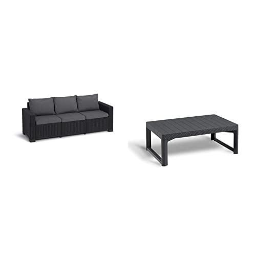 Keter Allibert by Gartenlounge Sofa California 3 Sitzer, Graphit/cool Grey,199 x 68 x 72 cm & Allibert by Gartentisch Lyon, Graphit, höhenverstellbar, vom Lounge zum Esstisch, Kunststoff von Keter