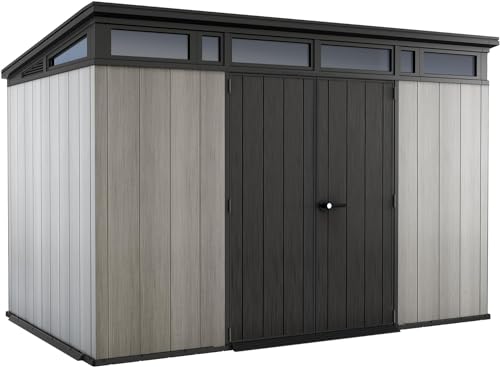 Keter Artisan 11x7 Gerätehaus – Wetterfestes Gartenhaus mit Boden, Pultdach, Doppeltüren & Fenster, Ideal für Outdoor-Aufbewahrung, 342x218x226cm, 13,7 m³, grau von Keter