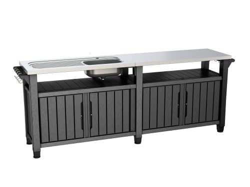 Keter BBQ Beistelltisch Unity Chef, Schwarz, mit großer Edelstahl-Arbeitsfläche und Spüle, 237x513x89,4cm, perfekt für das Grillen im Frühling von Keter