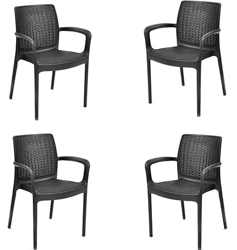 Keter Bali Gartenstuhl für drinnen und draußen, mit Armlehnen, ideal für Gärten und Terrassen, stapelbar, Kunstharz mit flachem Rattan-Finish, Graphit, 4 Stück von Keter