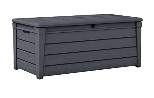 Keter Brightwood Gartenbox 455L - Aufbewahrungsbox mit Sitzfunktion für 2 Personen - Wetterbeständige Terrassenbox in Holzoptik Grau von Keter