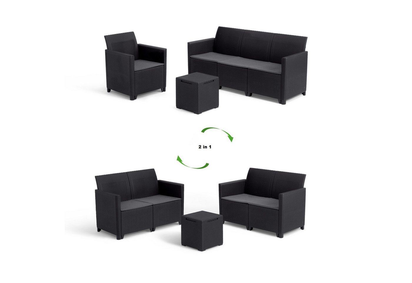 Keter Gartenlounge-Set "Marie", (Set, 2x Sitzmöbel, 1x Tisch), wandelbar, 2x 2-Sofa oder 3-Sofa + Sessel von Keter