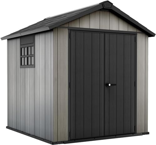 Keter Gerätehaus Oakland 757, Grau, 8,4m³, Außenmaße B/T/H: 230 x 223,8 x 242 cm, Duotech Struktur, wetterfest, Doppeltür, Oberlicht und Fenster, strapazierfähiger Schwerlastboden von Keter