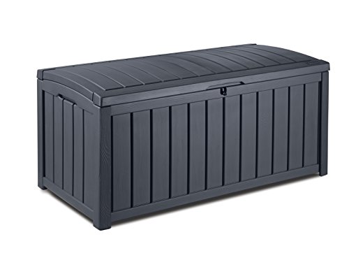 Keter Glenwood Kissenbox, Auflagenbox, 390 Liter Volumen, Wasserdicht, Graphit, Holzoptik, Sitzbank für 2 Erwachsene,128x65x61cm, Gartenbox von Keter